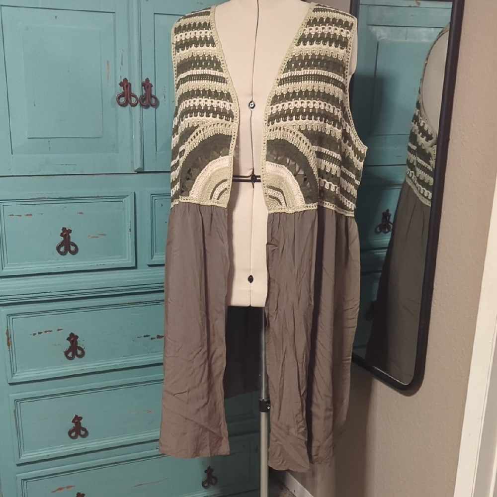 Cato Olive and Taupe Crochet Vest